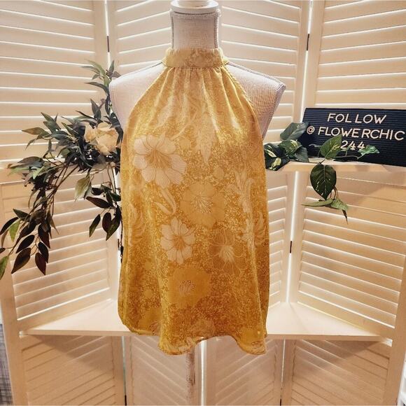 CUPCAKES & CASHMERE MUSTARD FLORAL HALTER BLOUSE SIZE MED - Picture 1 of 4